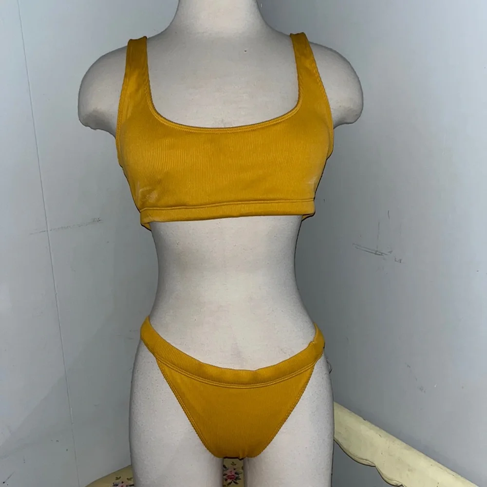 NWT/NWOT Pacsun LA Hearts Yellow Marigold Bikini Swimsuit Ribbed Scoop Set Med